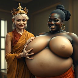 A young, malnourished 25-year-old blonde woman, very short with striking blue eyes, wearing a long, fully closed Buddhist robe