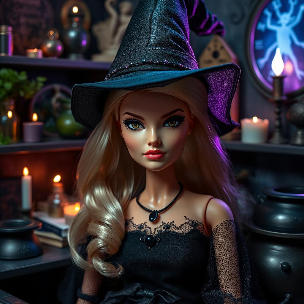 A blonde witch Barbie doll with a serious expression that conveys a sense of denial or self-deception