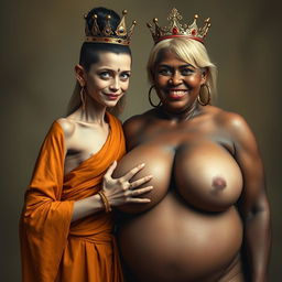 A young, malnourished 25-year-old blonde woman, very short with striking blue eyes, dressed in a long, fully closed Buddhist robe