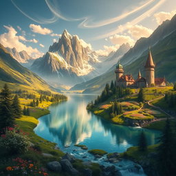 A majestic mountainscape featuring the fictional realm of Filborg, with towering peaks, lush green valleys, and a shimmering lake reflecting the sky