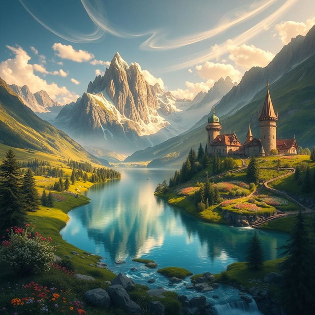 A majestic mountainscape featuring the fictional realm of Filborg, with towering peaks, lush green valleys, and a shimmering lake reflecting the sky