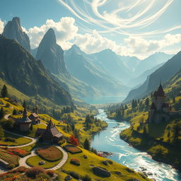 A majestic mountainscape featuring the fictional realm of Filborg, with towering peaks, lush green valleys, and a shimmering lake reflecting the sky