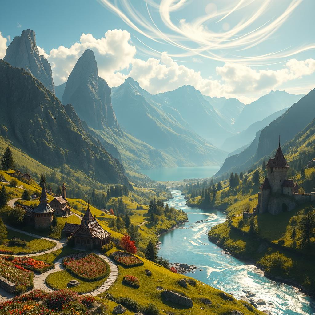 A majestic mountainscape featuring the fictional realm of Filborg, with towering peaks, lush green valleys, and a shimmering lake reflecting the sky