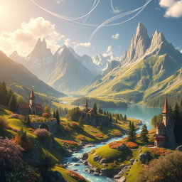 A majestic mountainscape featuring the fictional realm of Filborg, with towering peaks, lush green valleys, and a shimmering lake reflecting the sky
