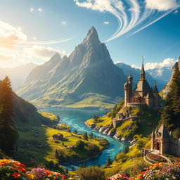 A majestic mountainscape featuring the fictional realm of Filborg, with towering peaks, lush green valleys, and a shimmering lake reflecting the sky