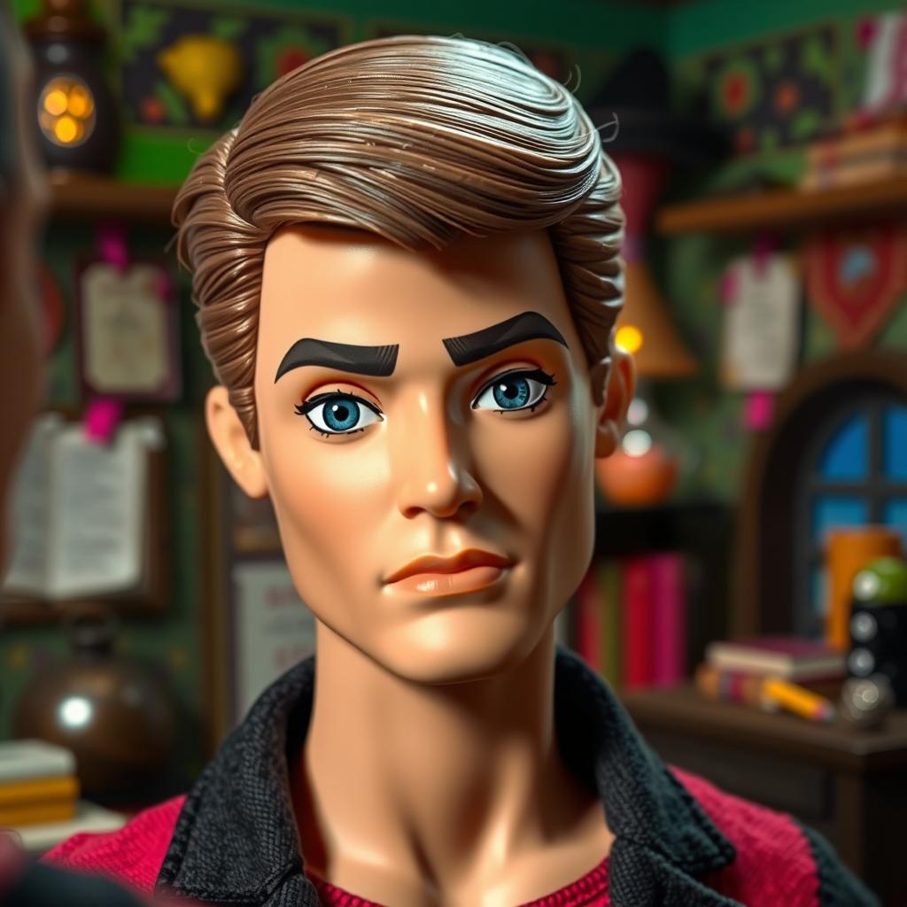 A detailed depiction of Ken doll with a subtle expression of incredulity and disapproval