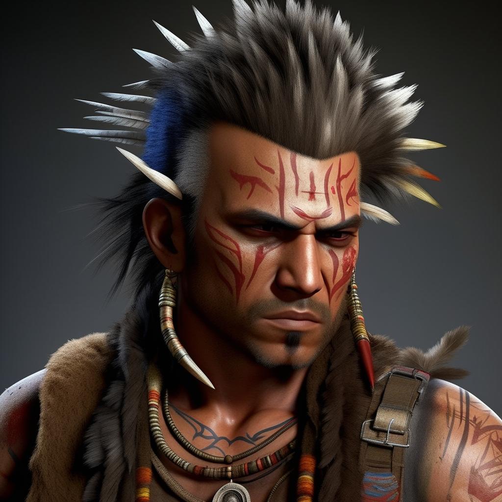 Realistic version of Vaas Montenegro from Far Cry 3, standing imposingly. Enhanced with life-like details, his Mohawk hairstyle and war paint stand out and his smirk appears menacingly real.