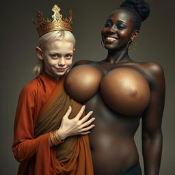 A young, malnourished blonde woman, 25 years old and very short, with bright blue eyes