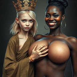 A young, malnourished blonde woman, 25 years old and very short, with sparkling blue eyes