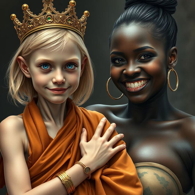 A young, malnourished blonde woman, 25 years old and very short, with sparkling blue eyes