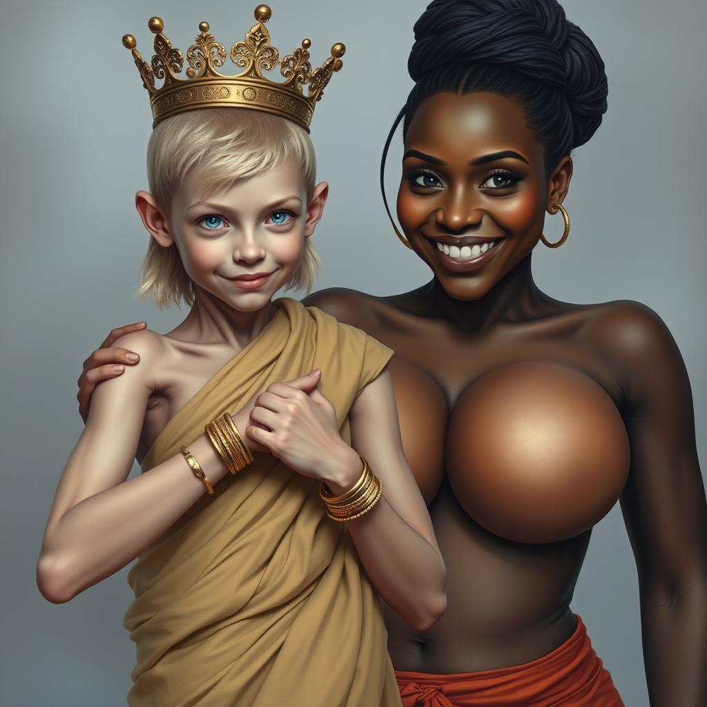 A young, malnourished blonde woman, 25 years old and very short, with sparkling blue eyes