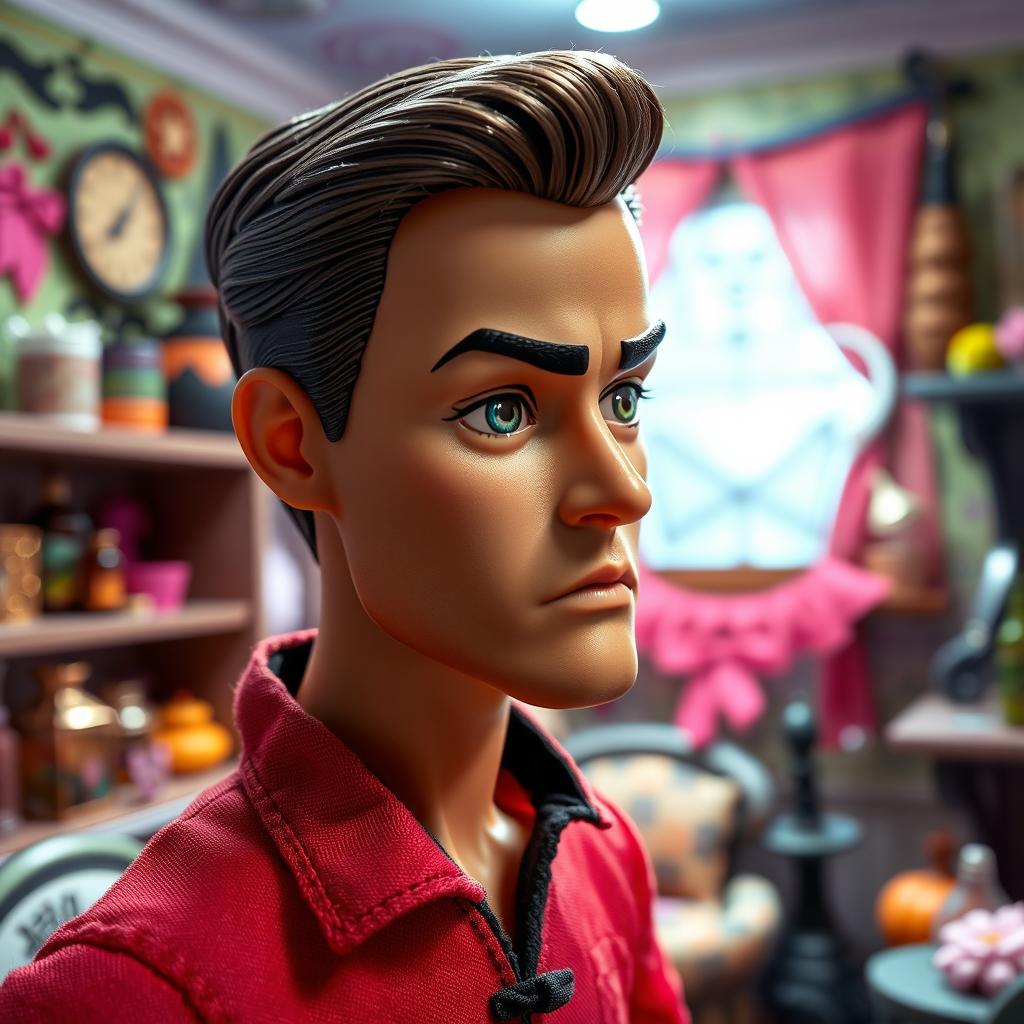 A detailed depiction of the Ken doll in a teenage Barbie's witch room