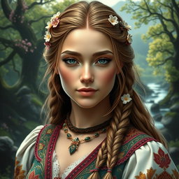 A close-up portrait of a beautiful woman from the fictional realm of Filborg, showcasing her unique attire inspired by the fantasy setting