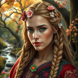 A close-up portrait of a beautiful woman from the fictional realm of Filborg, showcasing her unique attire inspired by the fantasy setting