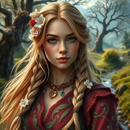A close-up portrait of a beautiful woman from the fictional realm of Filborg, showcasing her unique attire inspired by the fantasy setting