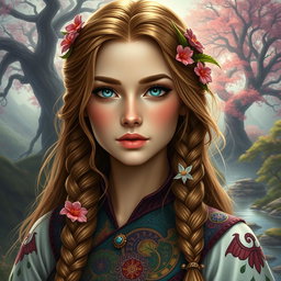A close-up portrait of a beautiful woman from the fictional realm of Filborg, showcasing her unique attire inspired by the fantasy setting