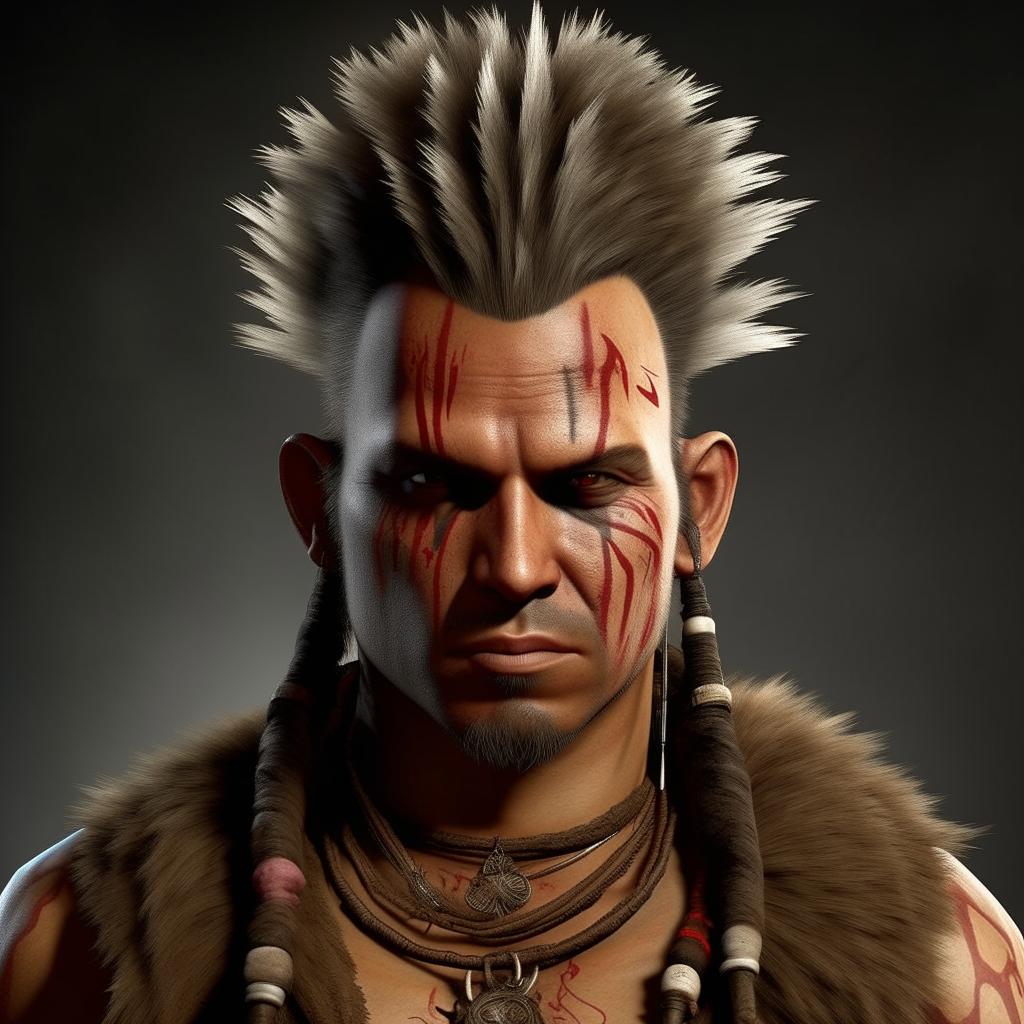 Realistic version of Vaas Montenegro from Far Cry 3, standing imposingly. Enhanced with life-like details, his Mohawk hairstyle and war paint stand out and his smirk appears menacingly real.