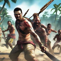 A group of Far Cry 3 natives making an intense charge, brandishing their machetes. Their tribal garb swirls with movement and their faces are grim determination personified.