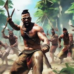 A group of Far Cry 3 natives making an intense charge, brandishing their machetes. Their tribal garb swirls with movement and their faces are grim determination personified.