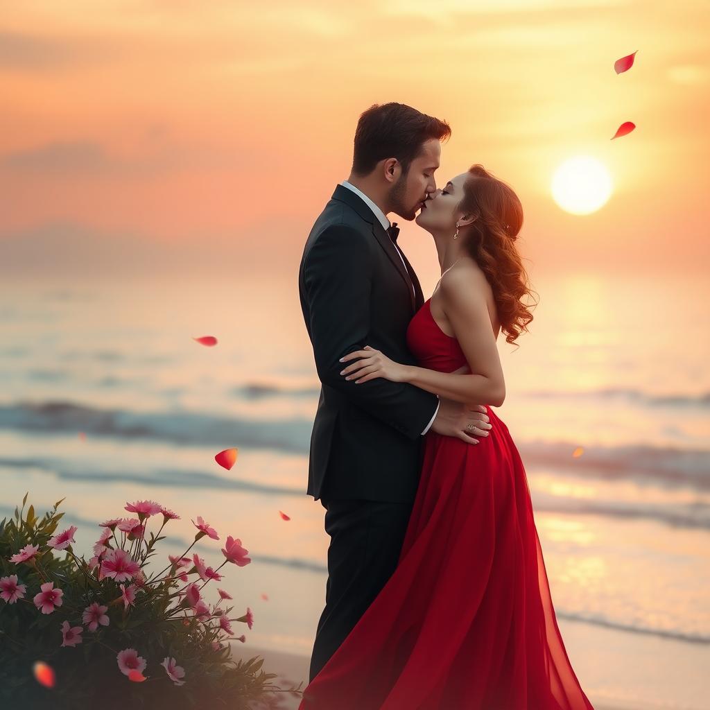 A romantic scene depicting two adults engaged in a passionate kiss, surrounded by a dreamy, softly lit atmosphere