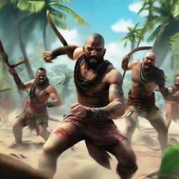 A group of Far Cry 3 natives making an intense charge, brandishing their machetes. Their tribal garb swirls with movement and their faces are grim determination personified.