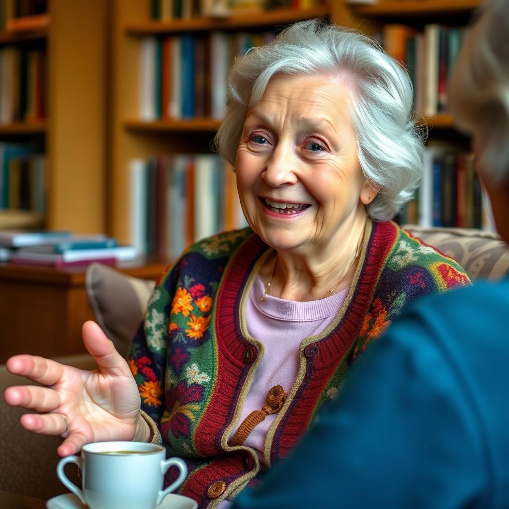 An older woman with a kind face and balding white hair, wearing a colorful cardigan, enjoying a lively conversation