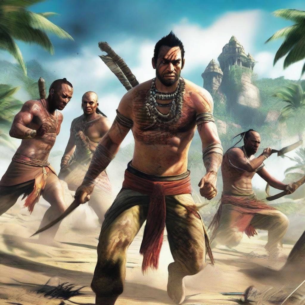 A group of Far Cry 3 natives making an intense charge, brandishing their machetes. Their tribal garb swirls with movement and their faces are grim determination personified.