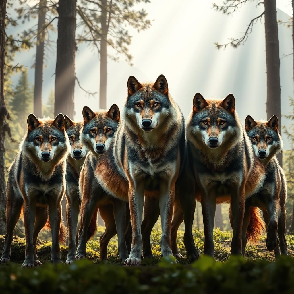 A striking image of a pack of fierce-looking RDX wolves, showcasing their muscular physique and intense gaze
