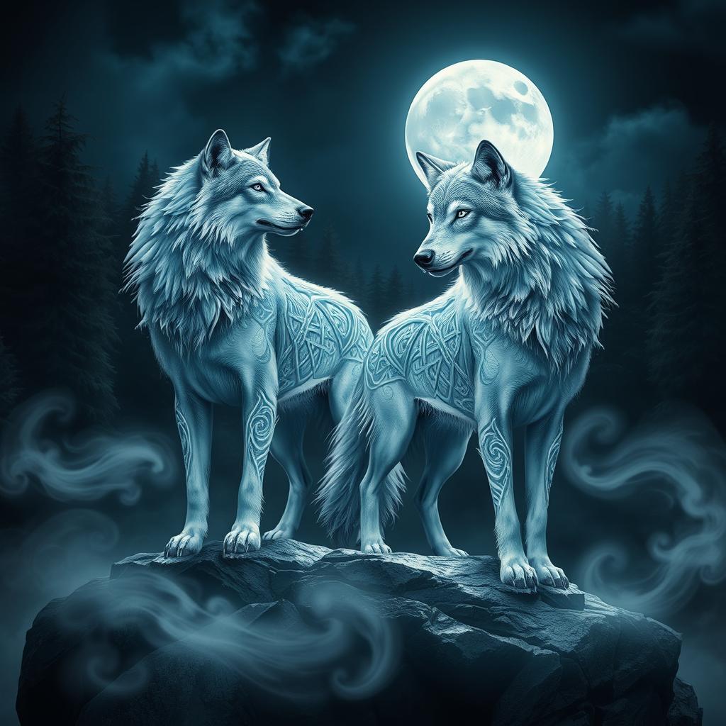 A visually captivating scene featuring majestic wolves with intricate patterns woven into their fur symbolizing 'RDX'
