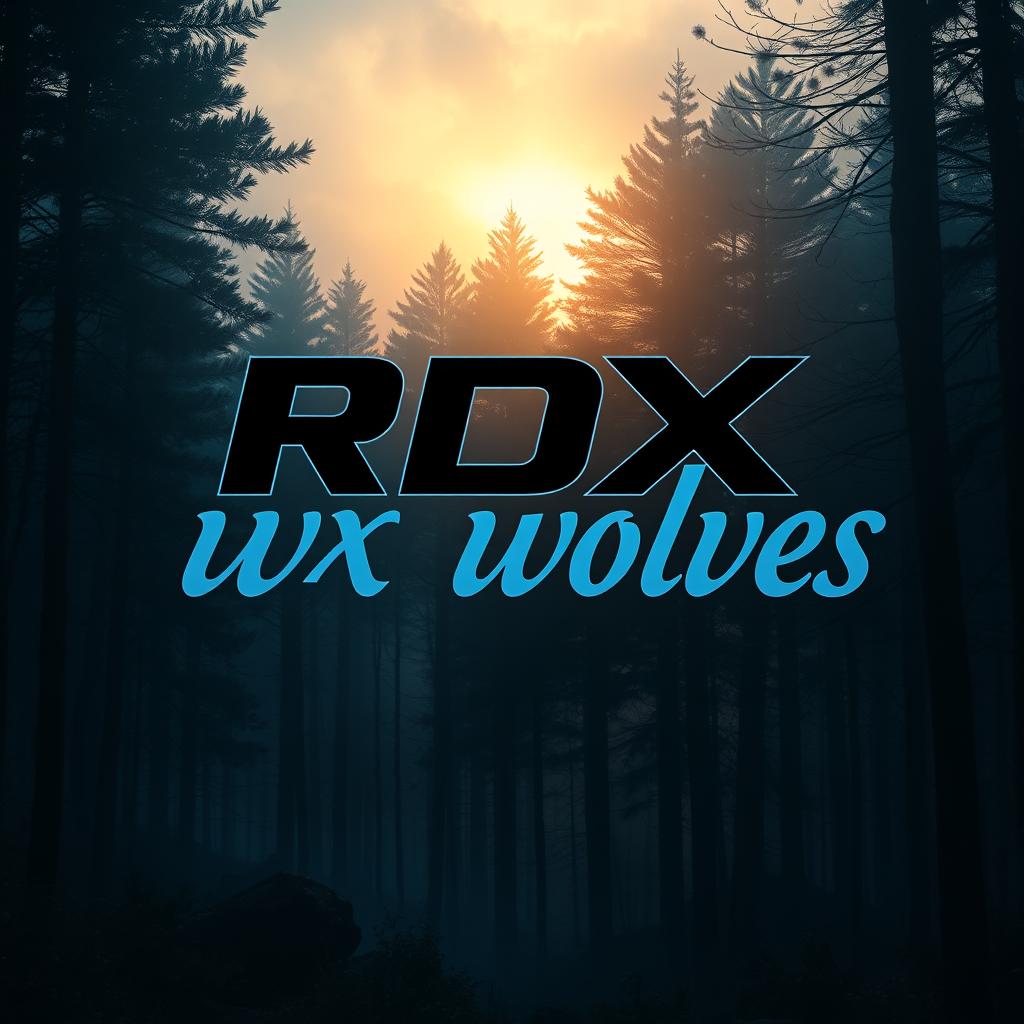 The phrase 'RDX wolves' artistically written in a bold, modern font, superimposed on a captivating background of a forest at twilight, with soft, diffused light filtering through the trees