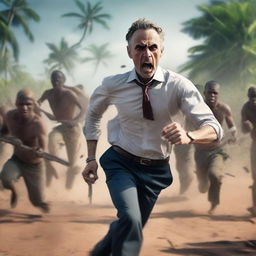 Conceptual scene of Jordan Peterson in full stride, escaping from a group of Far Cry 3 natives charging with machetes. Fear and determination evident on his expression.