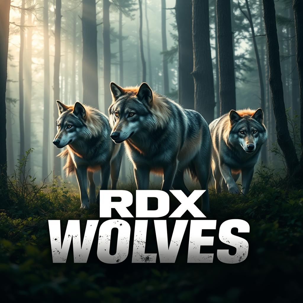 A captivating image of a majestic wolf pack in a wild forest setting, showcasing their powerful and elegant forms as they roam freely among tall trees and lush undergrowth
