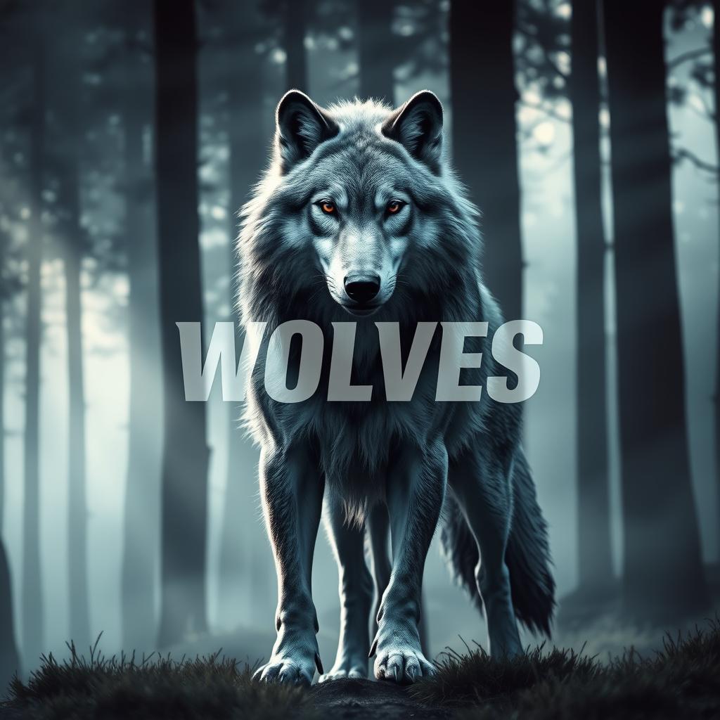 A powerful and majestic wolf standing in a misty forest, with the text 'RDX WOLVES' artistically integrated into the fur of the wolf, showcasing bold and striking typography