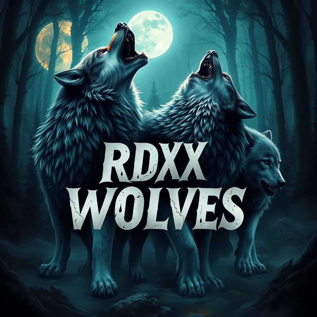 A powerful and imaginative depiction of a pack of wolves, each with striking features and a fierce expressions, set against a mystical forest backdrop