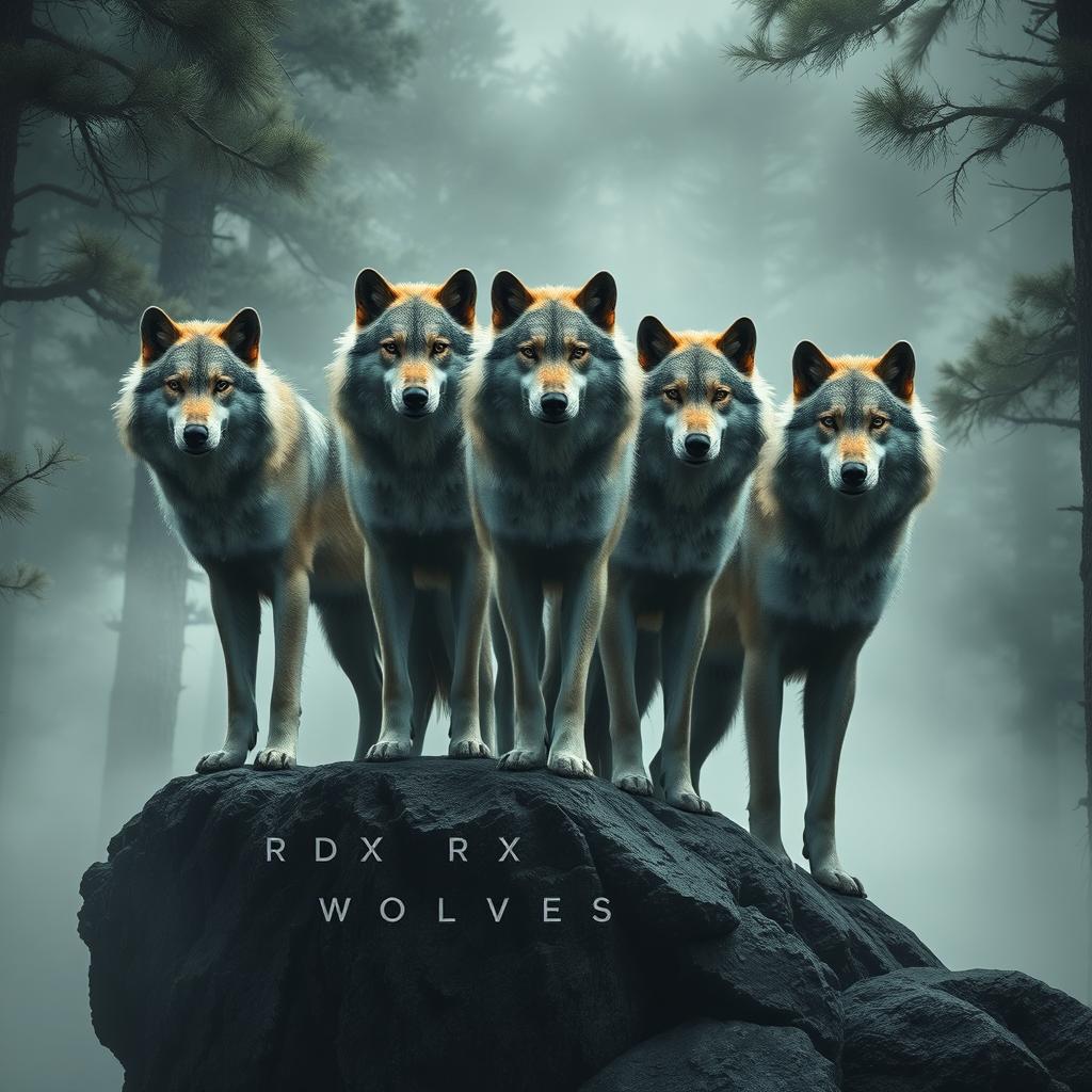A group of majestic wolves in a misty forest, standing confidently on a rocky ledge