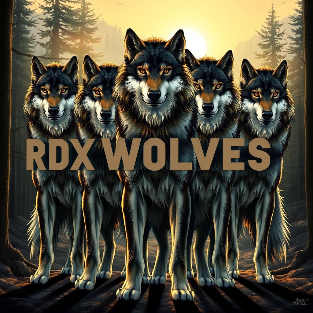 A pack of majestic wolves standing together in a dynamic pose, each with sleek fur and piercing eyes, embodying strength and loyalty