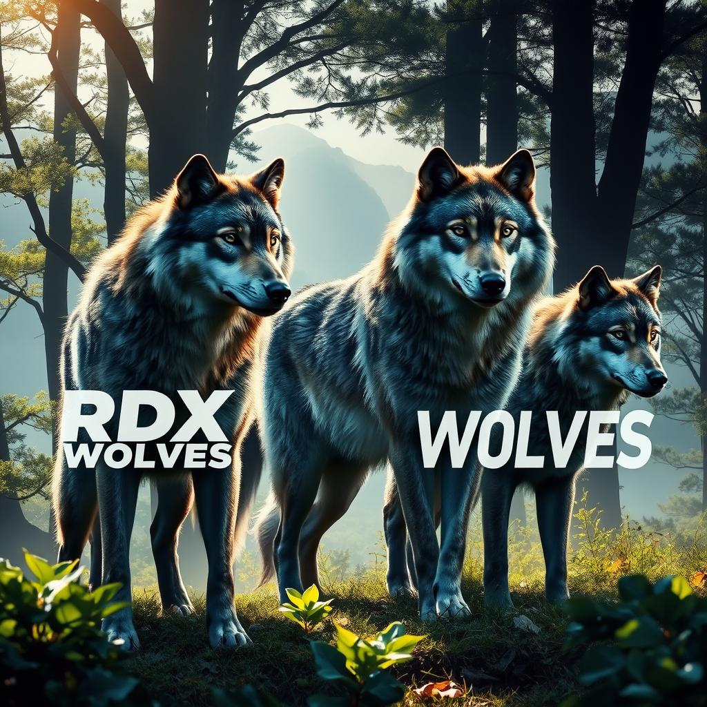 A majestic scene featuring a pack of wolves in a serene forest setting