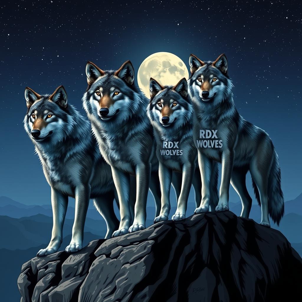 A pack of majestic wolves standing atop a rocky cliff under a starry night sky, each wolf proudly displaying the bold text 'RDX WOLVES' artistically integrated into their fur