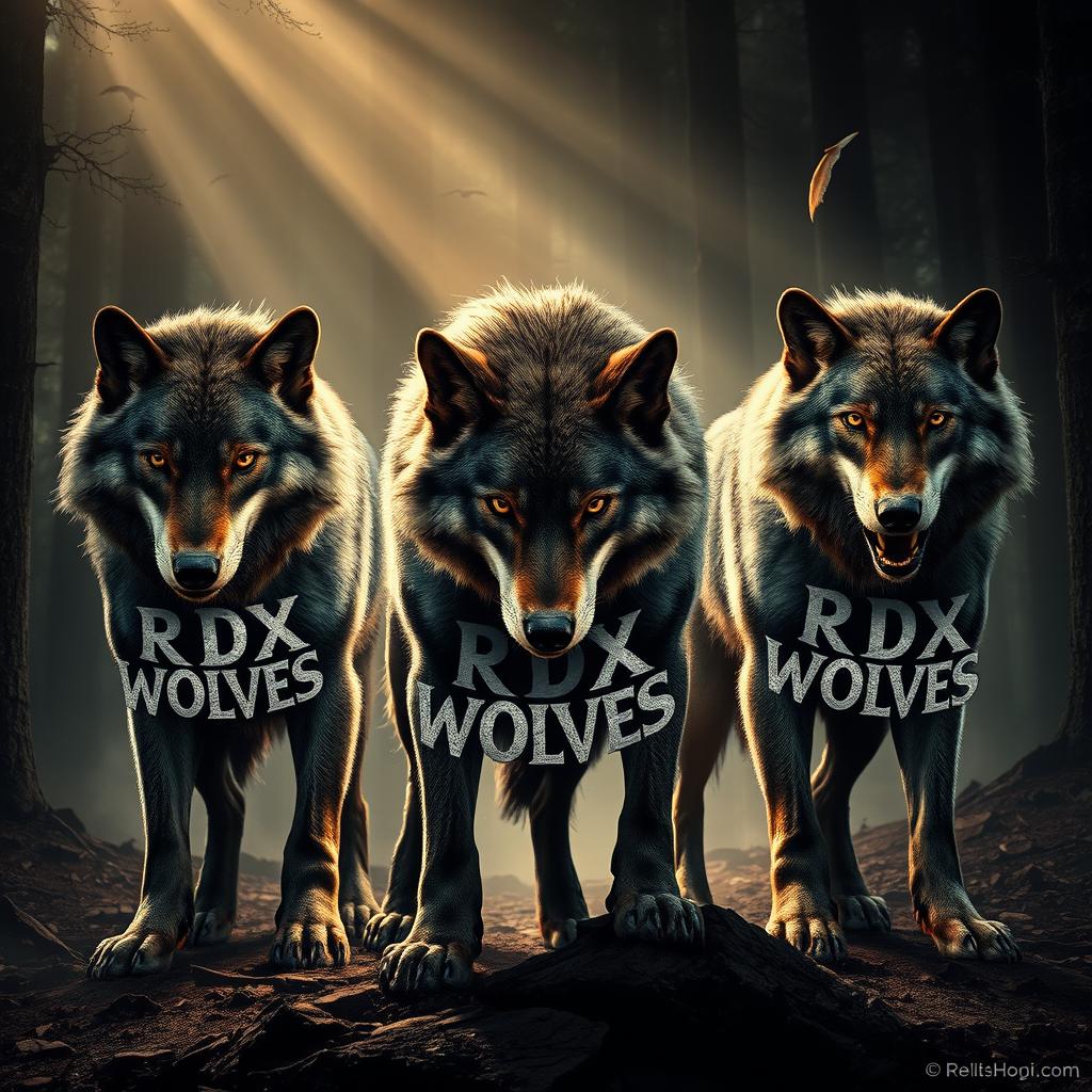 A stunning image of fierce wolves with dramatic, intense expressions, each wolf adorned with the bold text 'RDX WOLVES' intricately written on their fur