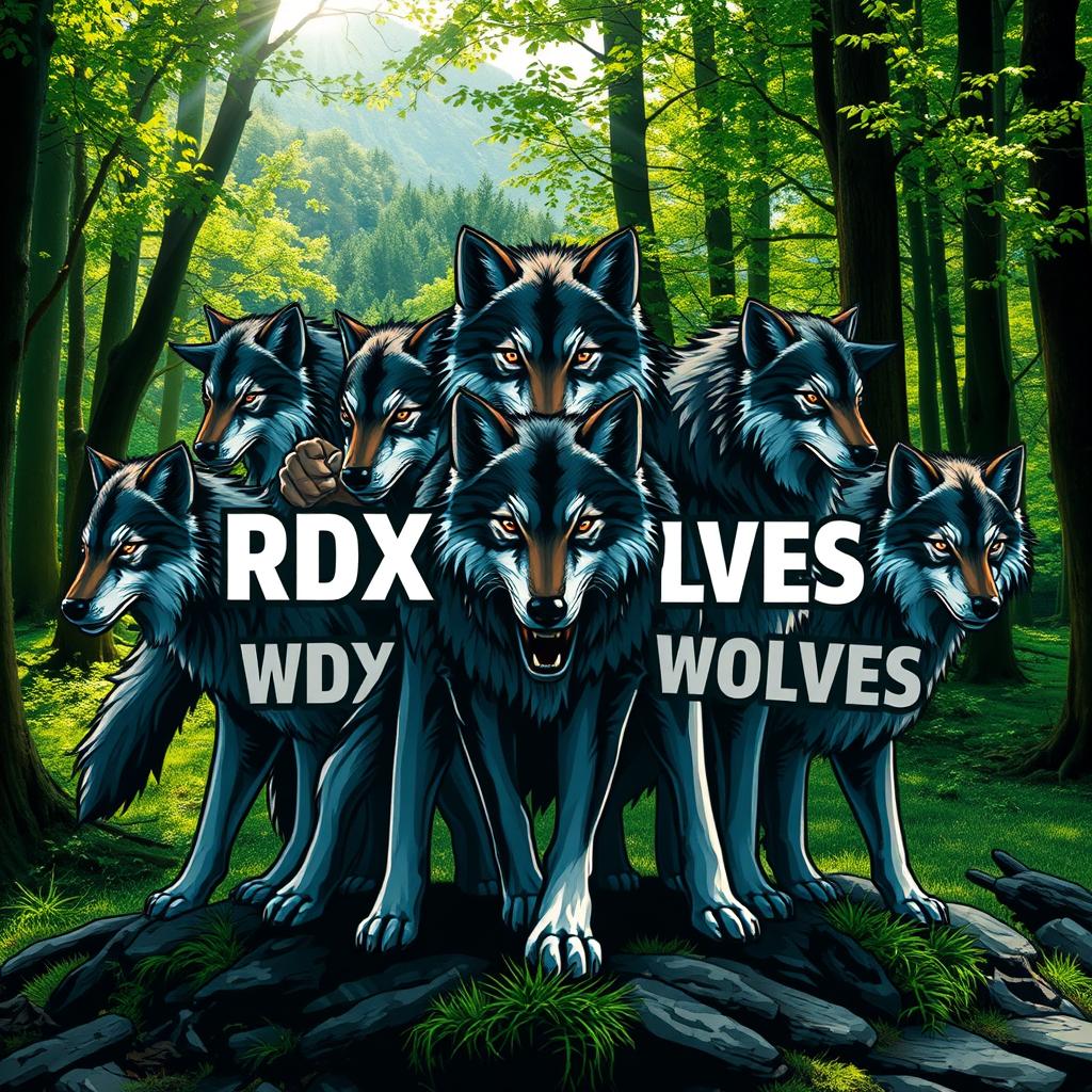 A powerful and majestic wolf pack is depicted in a forest setting, with lush greenery and dappled sunlight filtering through the trees