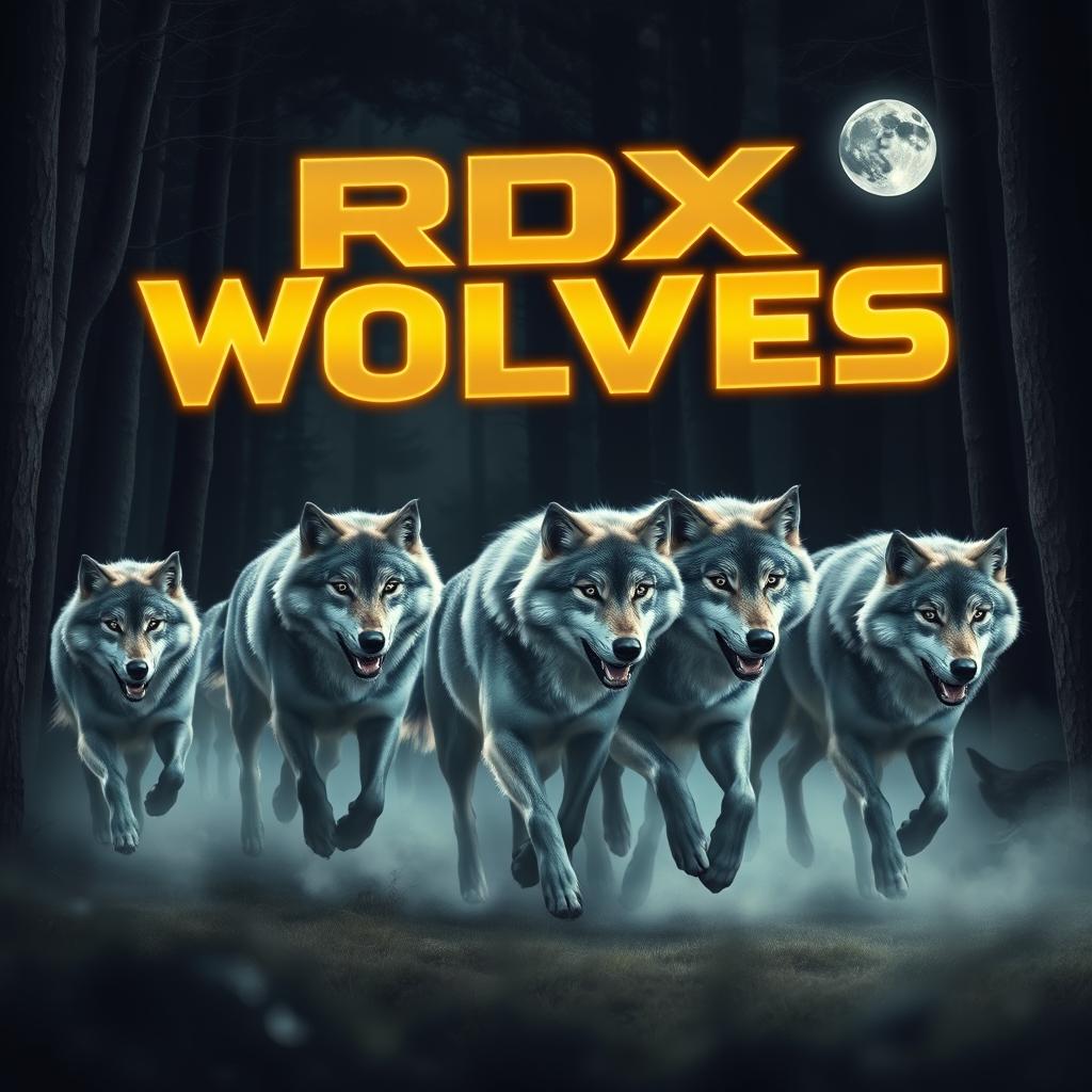 A pack of majestic wolves running through a dense, moonlit forest, their fur shimmering in shades of gray and white
