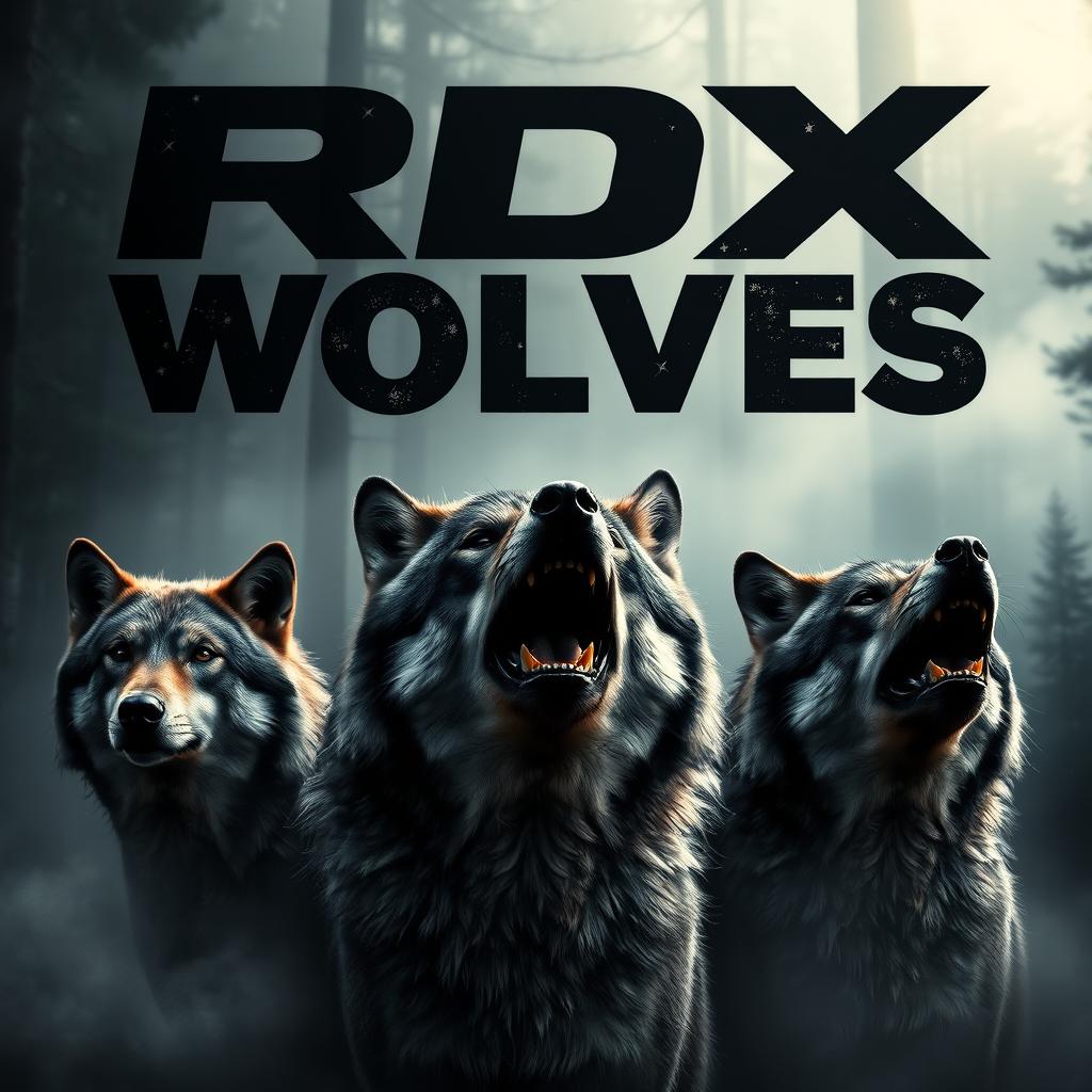 A dramatic scene featuring a pack of fierce wolves in a misty forest landscape, with their heads raised confidently