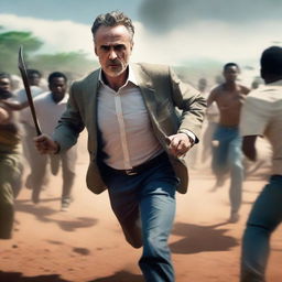 Conceptual scene of Jordan Peterson in full stride, escaping from a group of Far Cry 3 natives charging with machetes. Fear and determination evident on his expression.