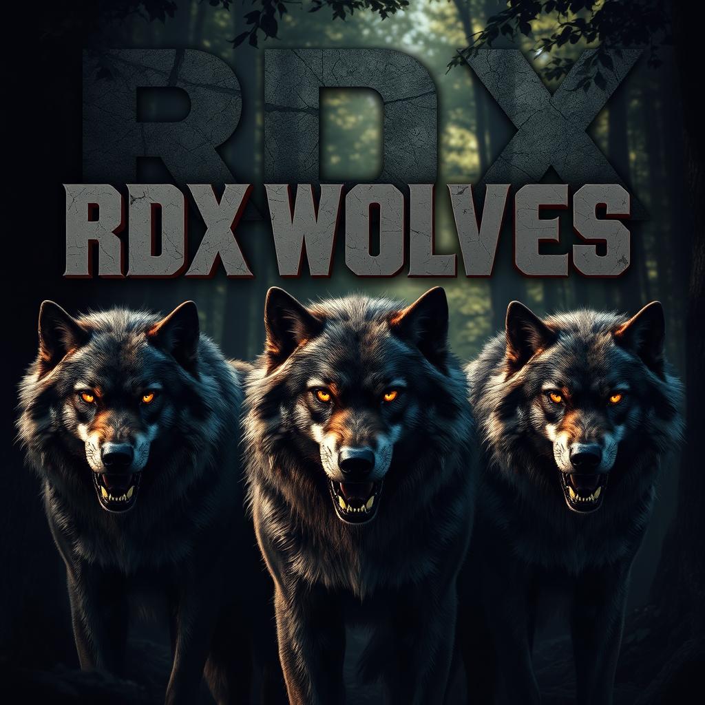 A pack of fierce wolves standing in a dense forest with their eyes glowing