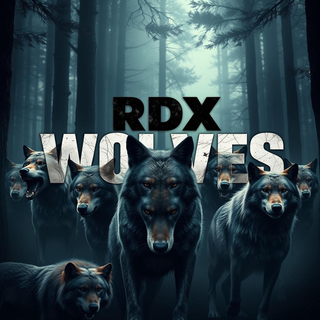 A dramatic scene featuring a pack of wolves in a dense, misty forest