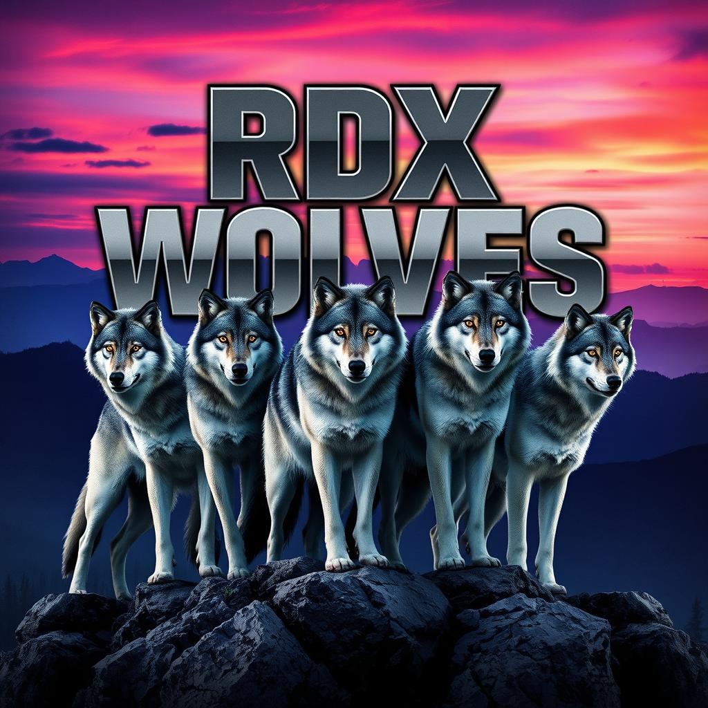 A dramatic and captivating scene featuring a pack of majestic wolves standing proudly on a rocky outcrop