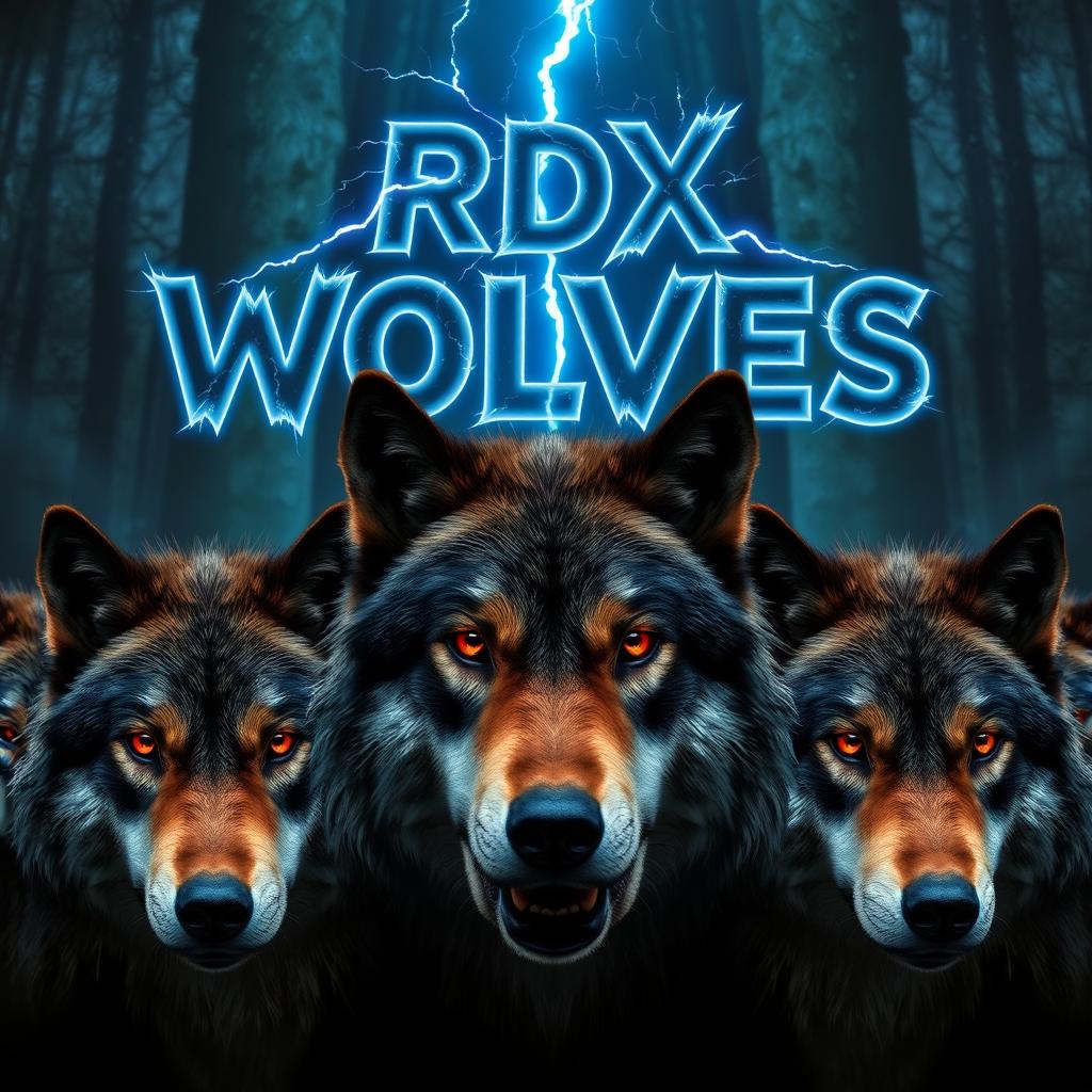A dramatic scene showcasing a pack of wolves, their fierce heads prominently displayed