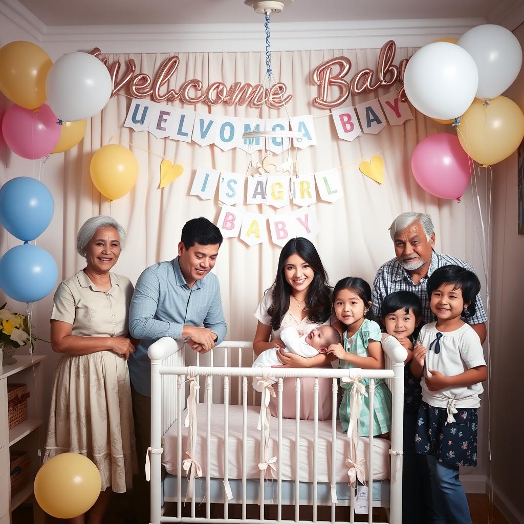 A joyful announcement scene celebrating the birth of a baby