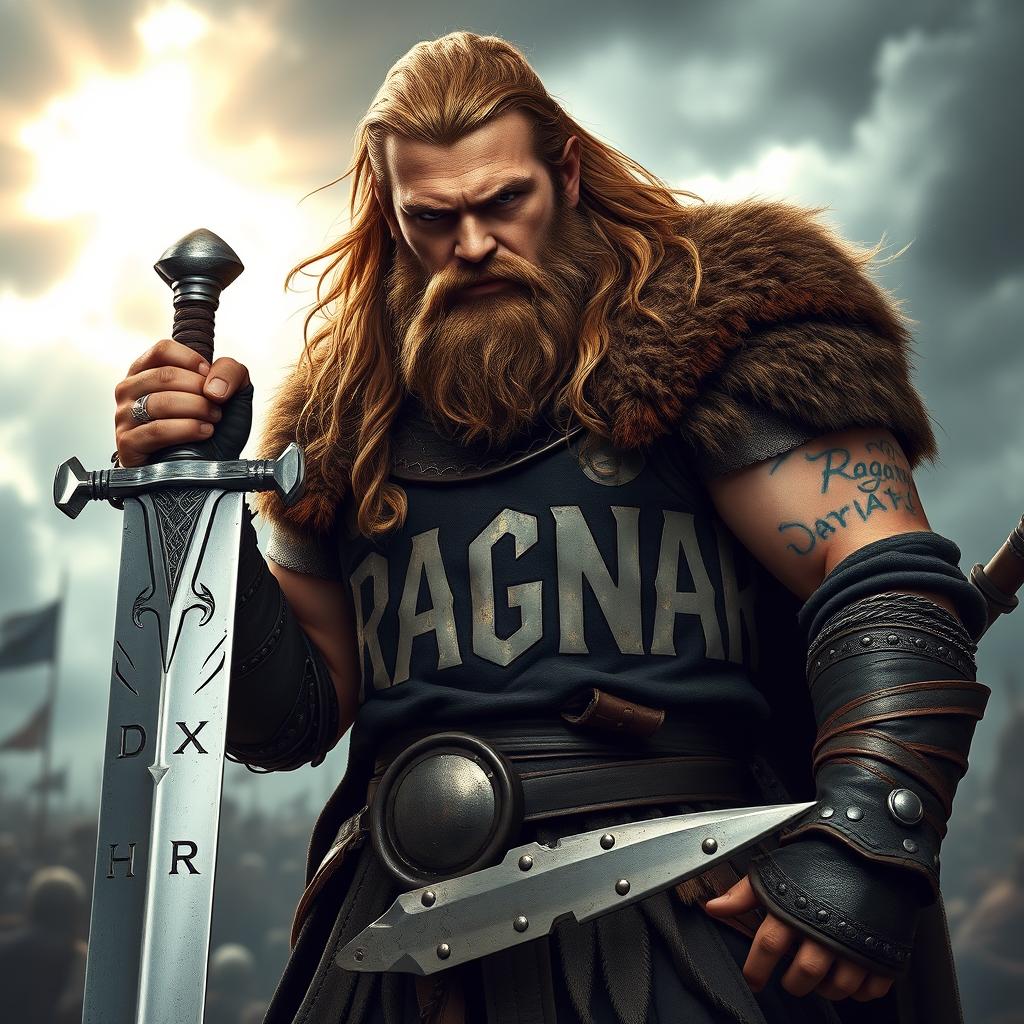 A fierce warrior named Ragnar stands confidently, wielding a large, shiny sword