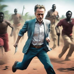 Conceptual scene of Jordan Peterson in full stride, escaping from a group of Far Cry 3 natives charging with machetes. Fear and determination evident on his expression.